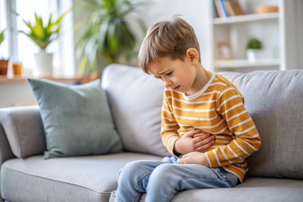 Child sitting on a sofa, holding their stomach with a pained expression, possibly experiencing abdominal discomfort or stomach pain at home.