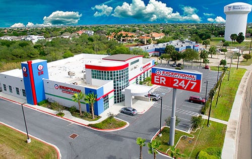 Exterior view of ER building with a large main entrance